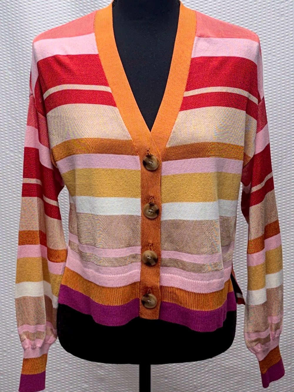 Ann Taylor Multicolor Striped Cardigan Womens XS V Neck Button Front Sweater
